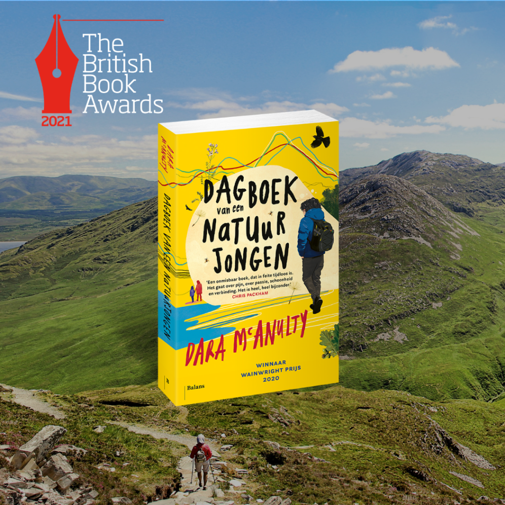 uitgelichte afbeelding: 3D cover Dagboek van een natuurjongen - logo British Book Awards -achtergrond landschap Ierland