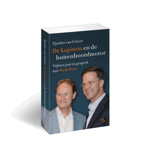 3D omslag cover van het boek De kapitein en de buitenboordmotor over Mark Rutte door Tjardus van Citters