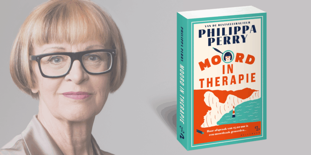 Philippa Perry naast haar nieuwe boek Moord in therapie